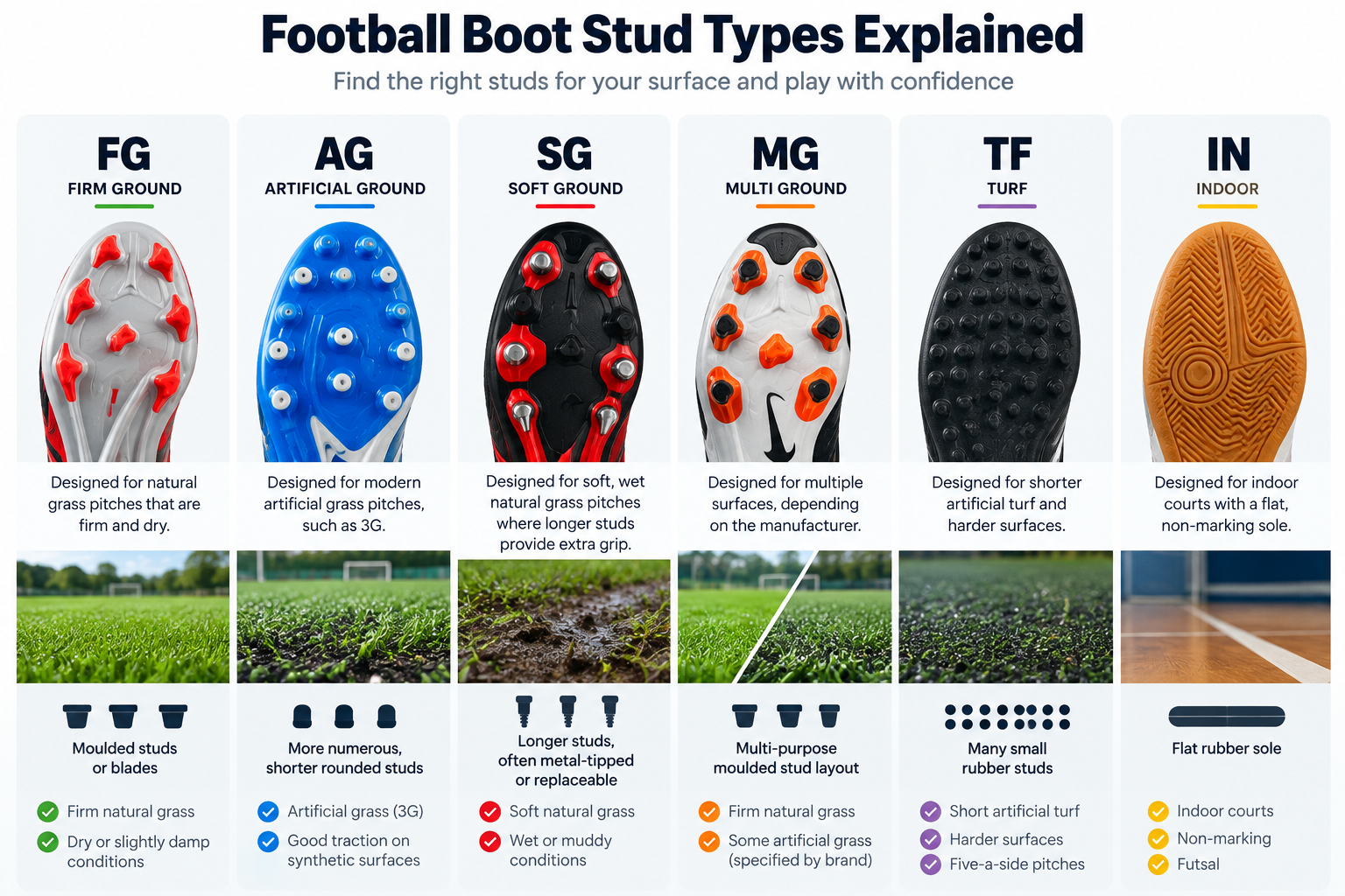 Comparison of FG, AG, SG, MG, TF and IN football boot soleplates