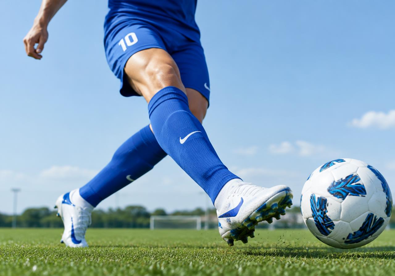 Footballer striking a ball on a grass pitch